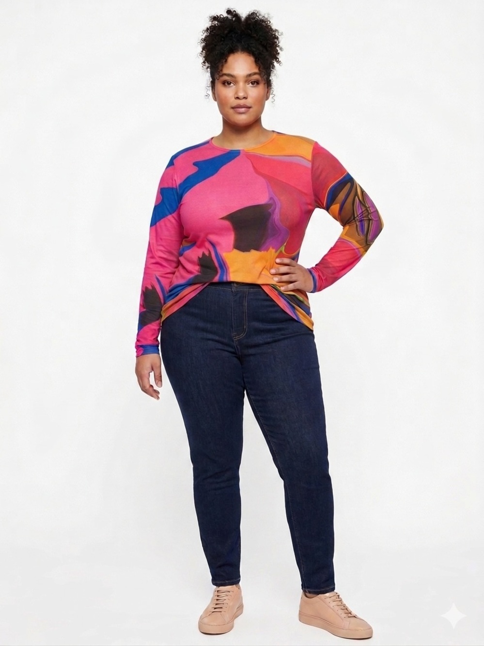 Akira NWOT Pink Multi-Color Abstract Long-Sleeve Stretchy Top